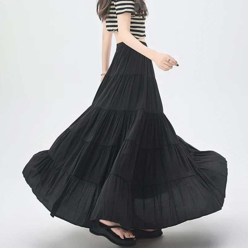 New Fashion Layered Spring Summer High Waist A-line Long Ladies Holiday Style Casual Loose Skirt