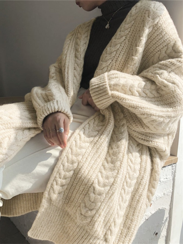 Winter Medium Length Knitted Cardigan Thickened Loose Fried Dough Twist Sweater