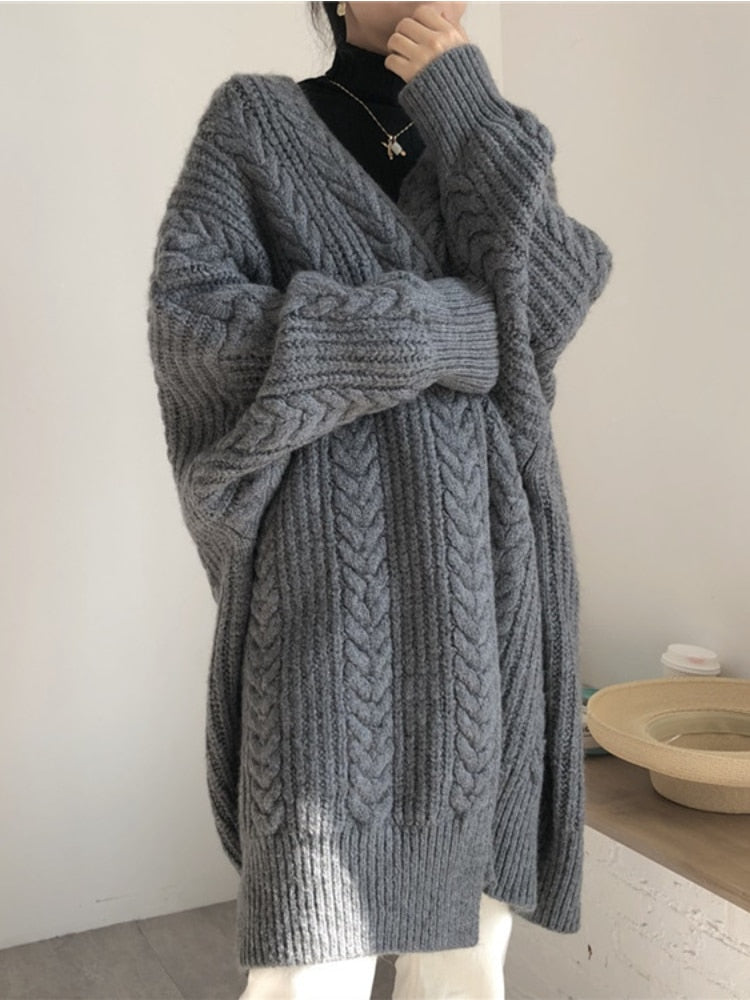 Winter Medium Length Knitted Cardigan Thickened Loose Fried Dough Twist Sweater