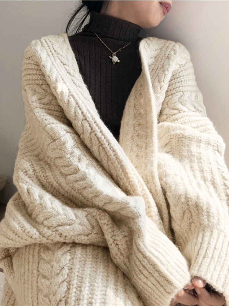 Winter Medium Length Knitted Cardigan Thickened Loose Fried Dough Twist Sweater
