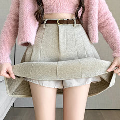 New Korean Fashion High Waist A-line Mini Pleated Autumn Winter Woolen Woman Casual Wool Short Skirt