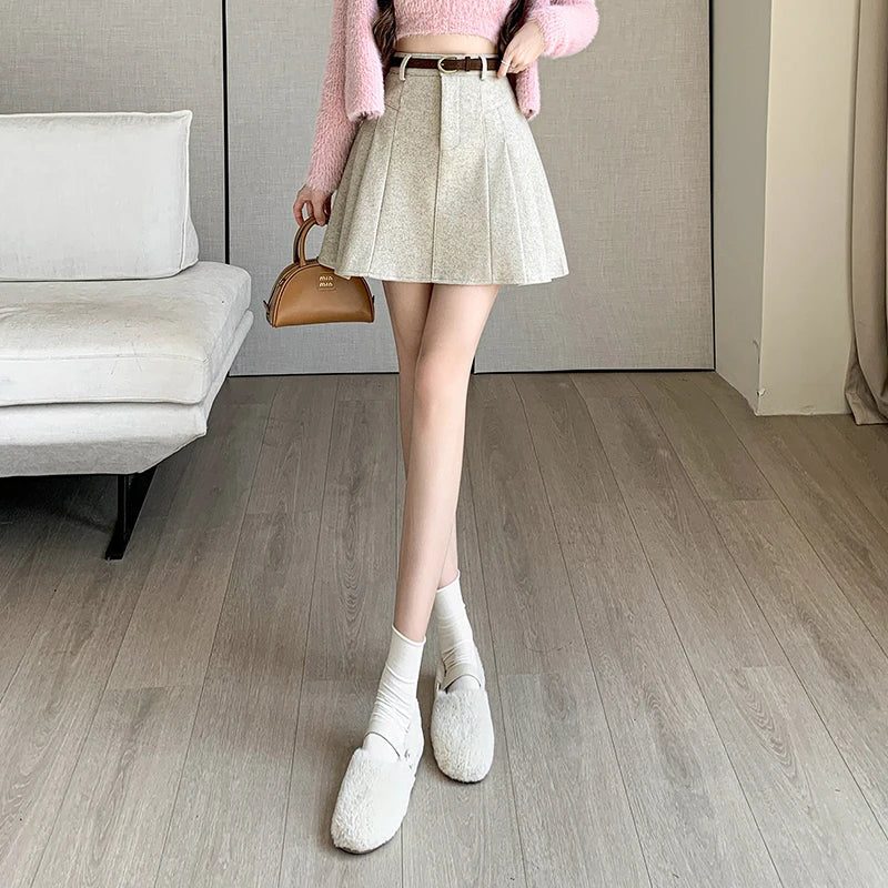 New Korean Fashion High Waist A-line Mini Pleated Autumn Winter Woolen Woman Casual Wool Short Skirt