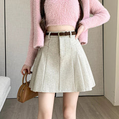 New Korean Fashion High Waist A-line Mini Pleated Autumn Winter Woolen Woman Casual Wool Short Skirt