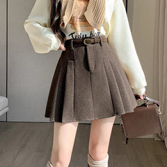 New Korean Fashion High Waist A-line Mini Pleated Autumn Winter Woolen Woman Casual Wool Short Skirt