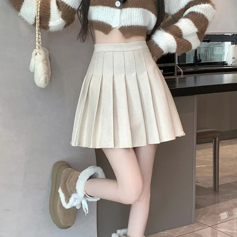 New Korean Preppy Style Mini Pleated New High Waist Woolen Autumn Winter Casual Wool Skirt