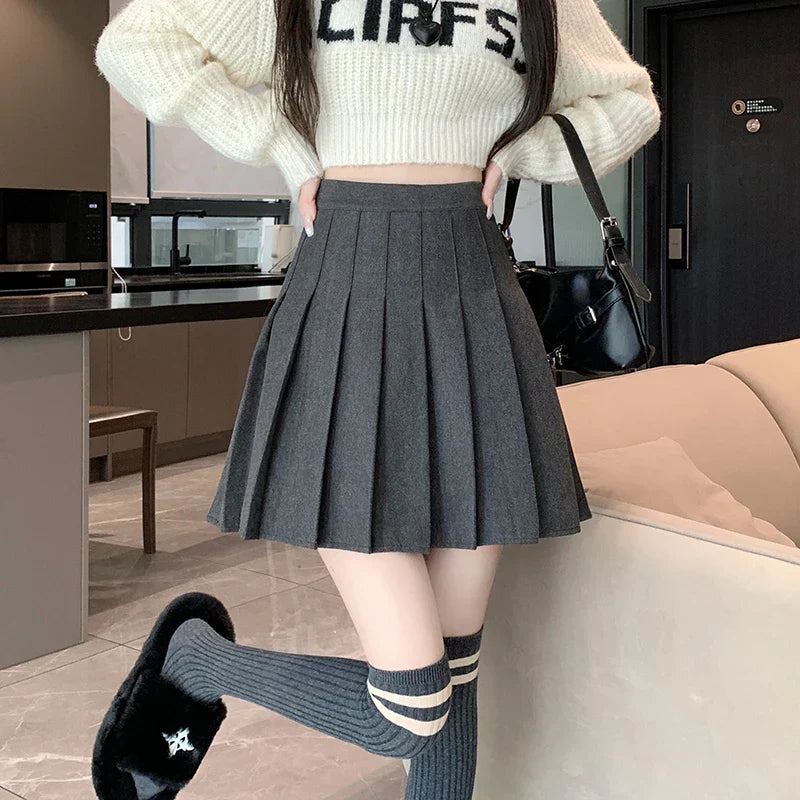 New Korean Preppy Style Mini Pleated New High Waist Woolen Autumn Winter Casual Wool Skirt
