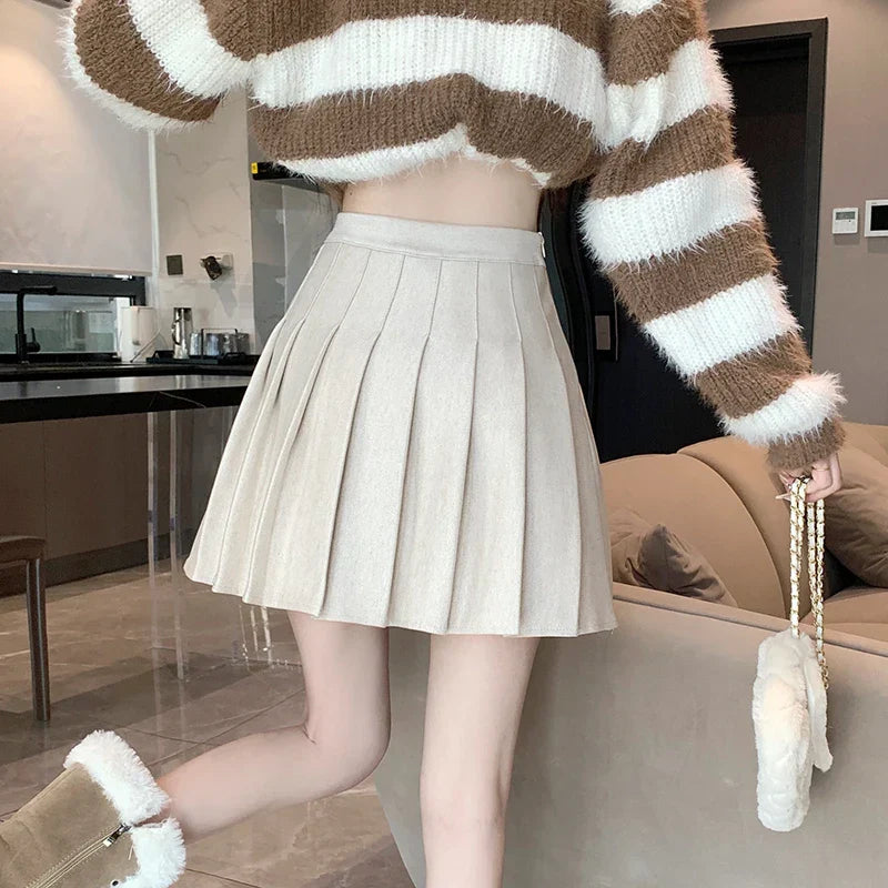 New Korean Preppy Style Mini Pleated New High Waist Woolen Autumn Winter Casual Wool Skirt