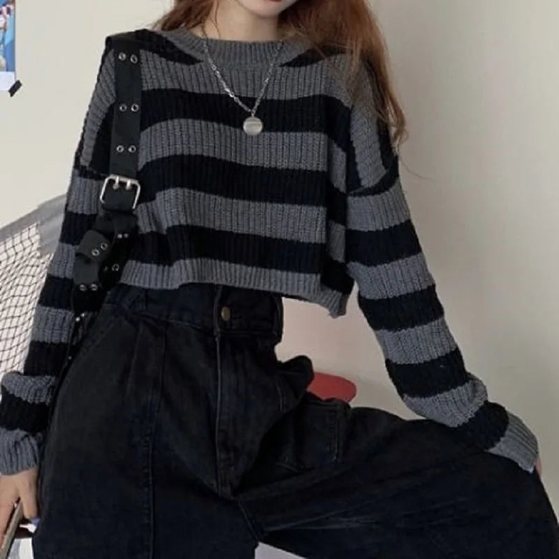 New Korean Style Cropped Vintage Oversize Knit Jumper Autumn Long Sleeve O-neck Pullover Sweater