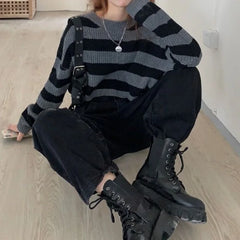 New Korean Style Cropped Vintage Oversize Knit Jumper Autumn Long Sleeve O-neck Pullover Sweater