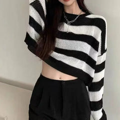 New Korean Style Cropped Vintage Oversize Knit Jumper Autumn Long Sleeve O-neck Pullover Sweater