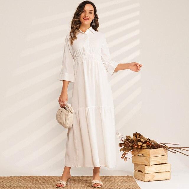 Ladies Fashion Solid Color High Waist Pleated Folds College Style Sweet Long Wild Woman Pure White Dress