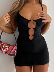 Hollow Love Metal Buckle Solid Sling Party Mini Cut Out Dress