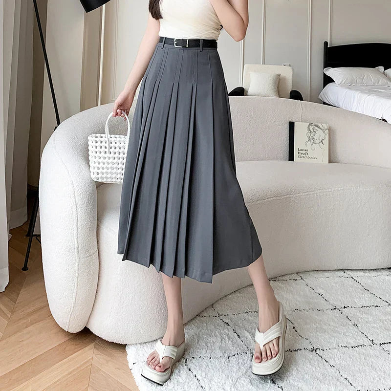 New Spring Autumn High Waist Midi Pleated Womens Fashion A-line Casual Suit Ladies Vintage Umbrella Skirt