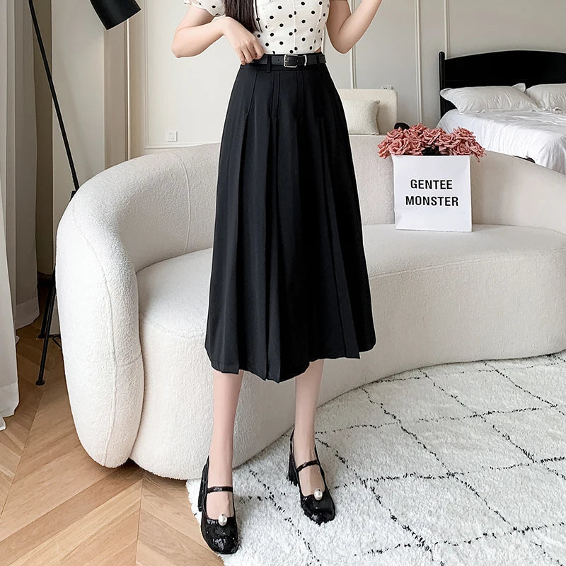 New Spring Autumn High Waist Midi Pleated Womens Fashion A-line Casual Suit Ladies Vintage Umbrella Skirt