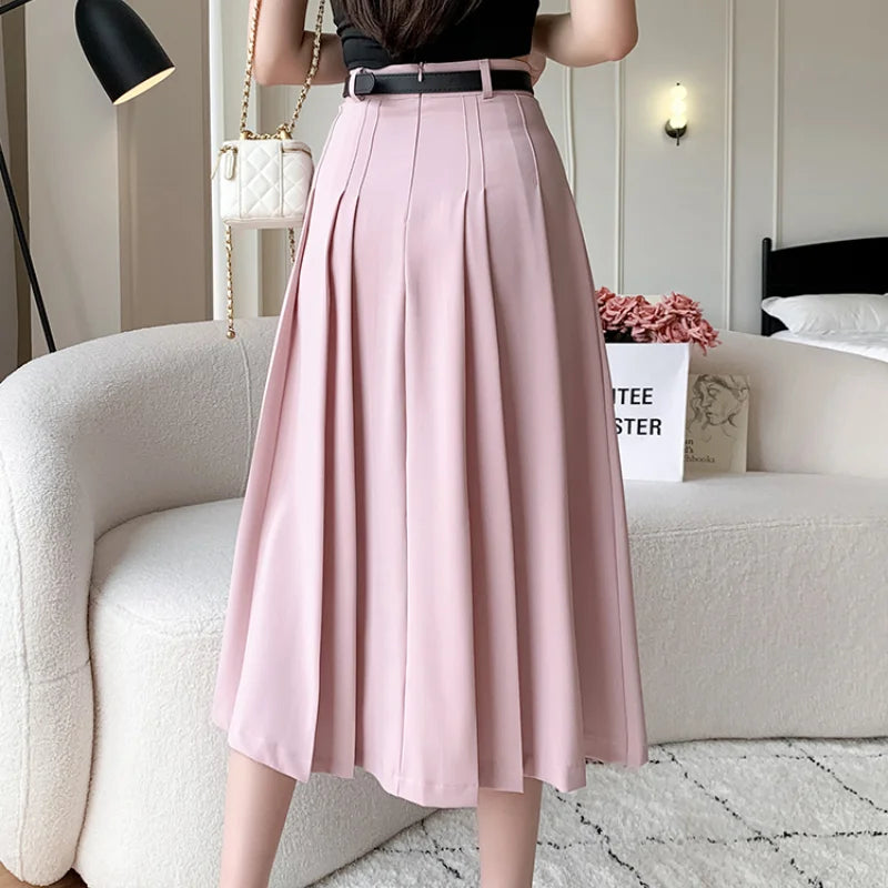 New Spring Autumn High Waist Midi Pleated Womens Fashion A-line Casual Suit Ladies Vintage Umbrella Skirt
