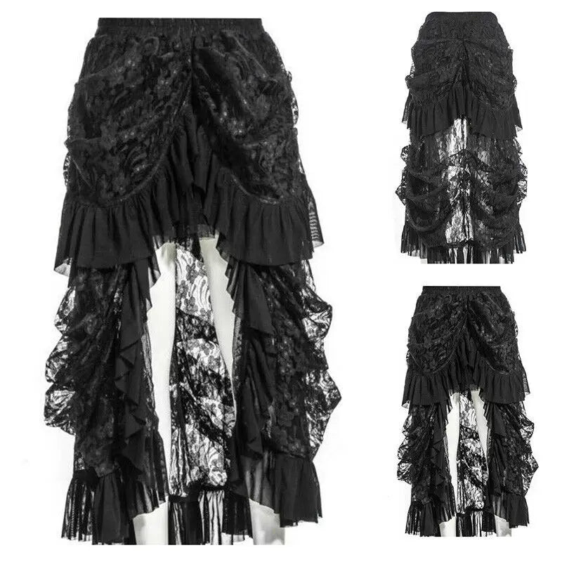 New Retro Victorian Lace Up SteamGothic Goth Long Ruffle Dress Skirt