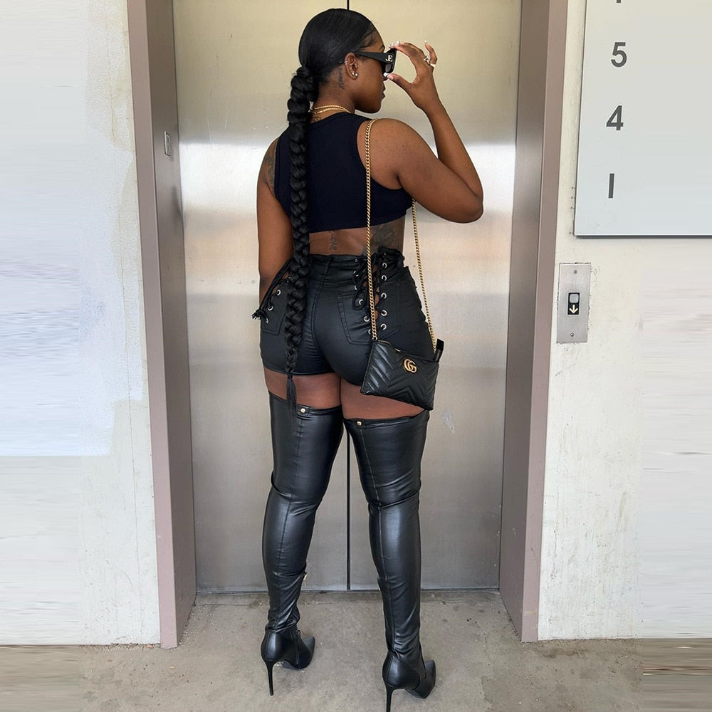 Hollow Out Lace-up Pu Matte Personality Shorts