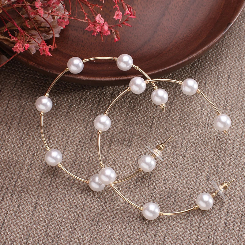 New Boho Imitation Pearl Round Circle Hoop Female Gold Big Statement Earring