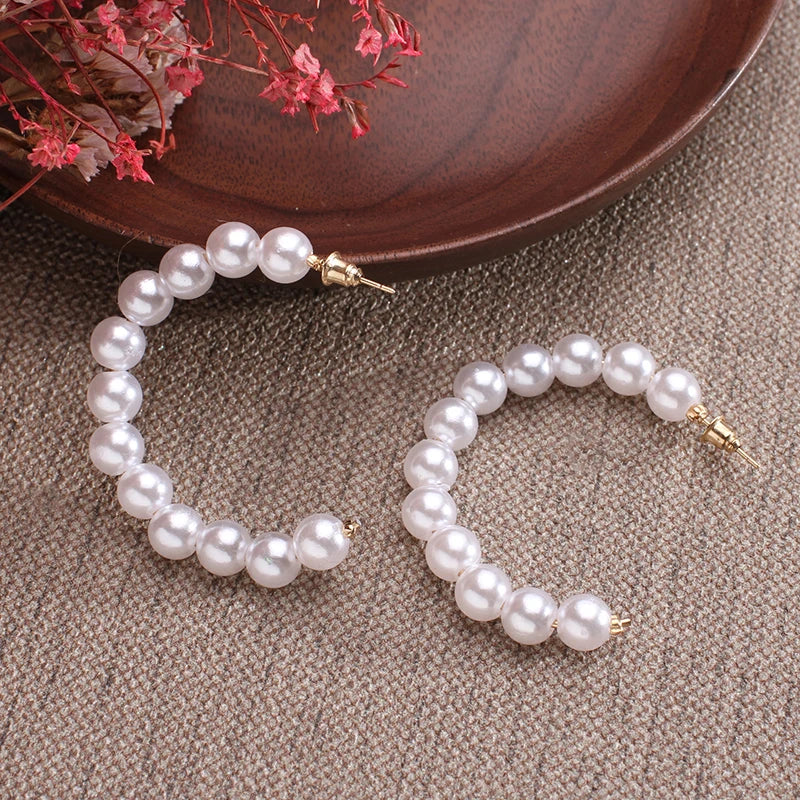 New Boho Imitation Pearl Round Circle Hoop Female Gold Big Statement Earring