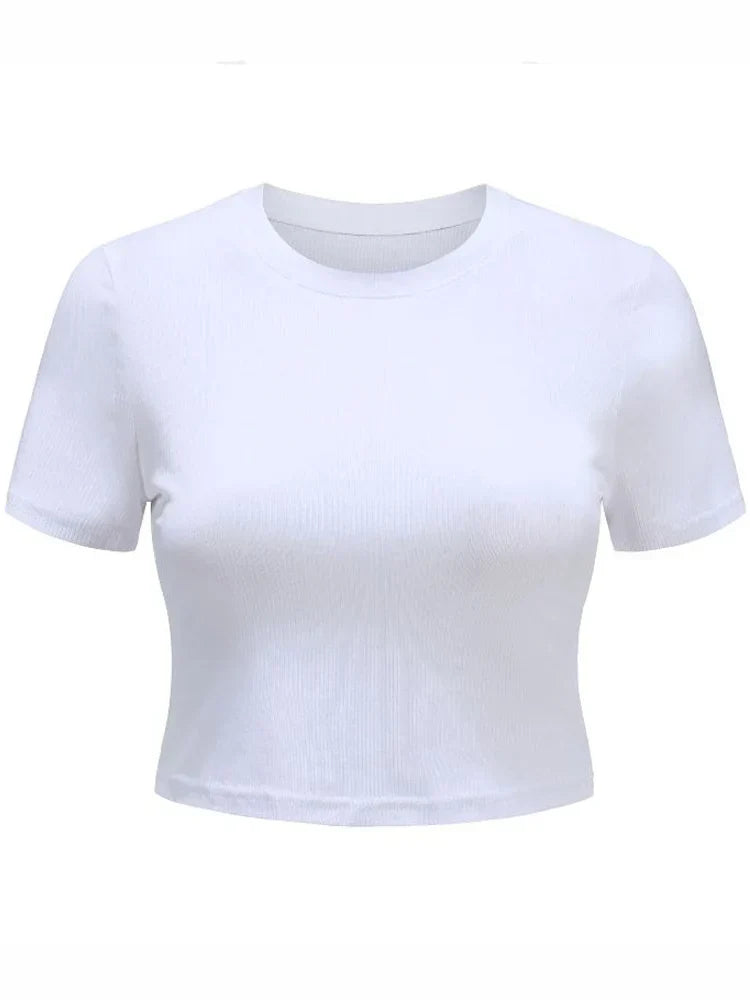 O Neck Knit White Summer Casual Basic Streetwear Short Sleeve Crop Tops