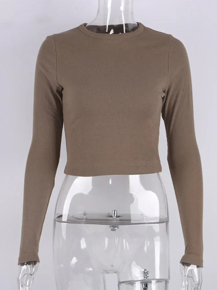 O Neck Long Sleeve Ribbed Cropped Spring Casual Basic Crop Tops