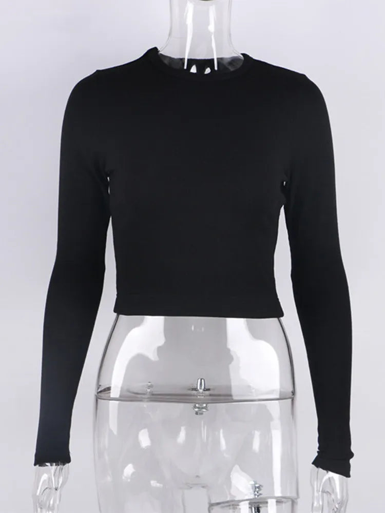 O Neck Long Sleeve Ribbed Cropped Spring Casual Basic Crop Tops