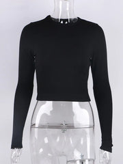 O Neck Long Sleeve Ribbed Cropped Spring Casual Basic Crop Tops