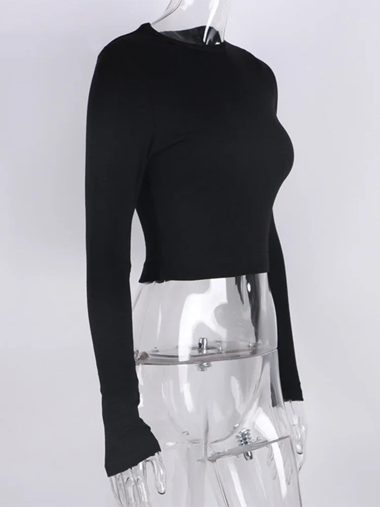 O Neck Long Sleeve Ribbed Cropped Spring Casual Basic Crop Tops