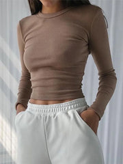 O Neck Long Sleeve Ribbed Cropped Spring Casual Basic Crop Tops