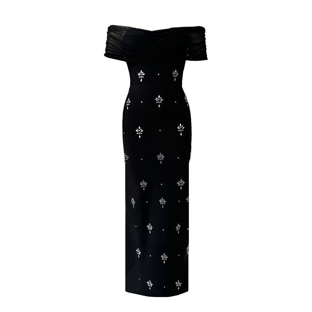 Pleated Mesh Rhinestone Stitching One-Shoulder Dress