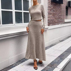 In-Stock New Manufacturer Direct Sale Autumn Winter Tight Fitting Ribbed Long Sleeve Casual Knit Set Suit