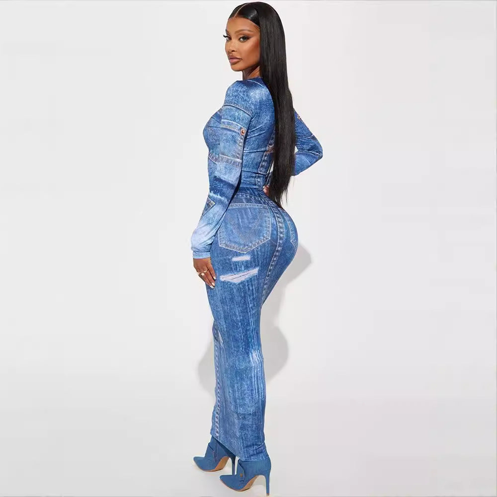 Autumn New Two-Piece Denim Print Round Neck Long Sleeve Top Slim Fit Bodycon Long Skirt Suit