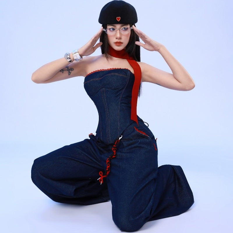 Ins Style Autumn New Fashion Trendy Denim Bandeau Vest Loose Wide Leg Long Pants Set Suit
