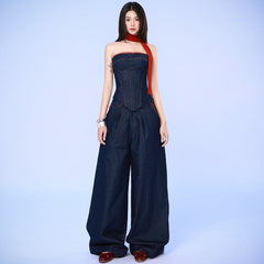 Ins Style Autumn New Fashion Trendy Denim Bandeau Vest Loose Wide Leg Long Pants Set Suit