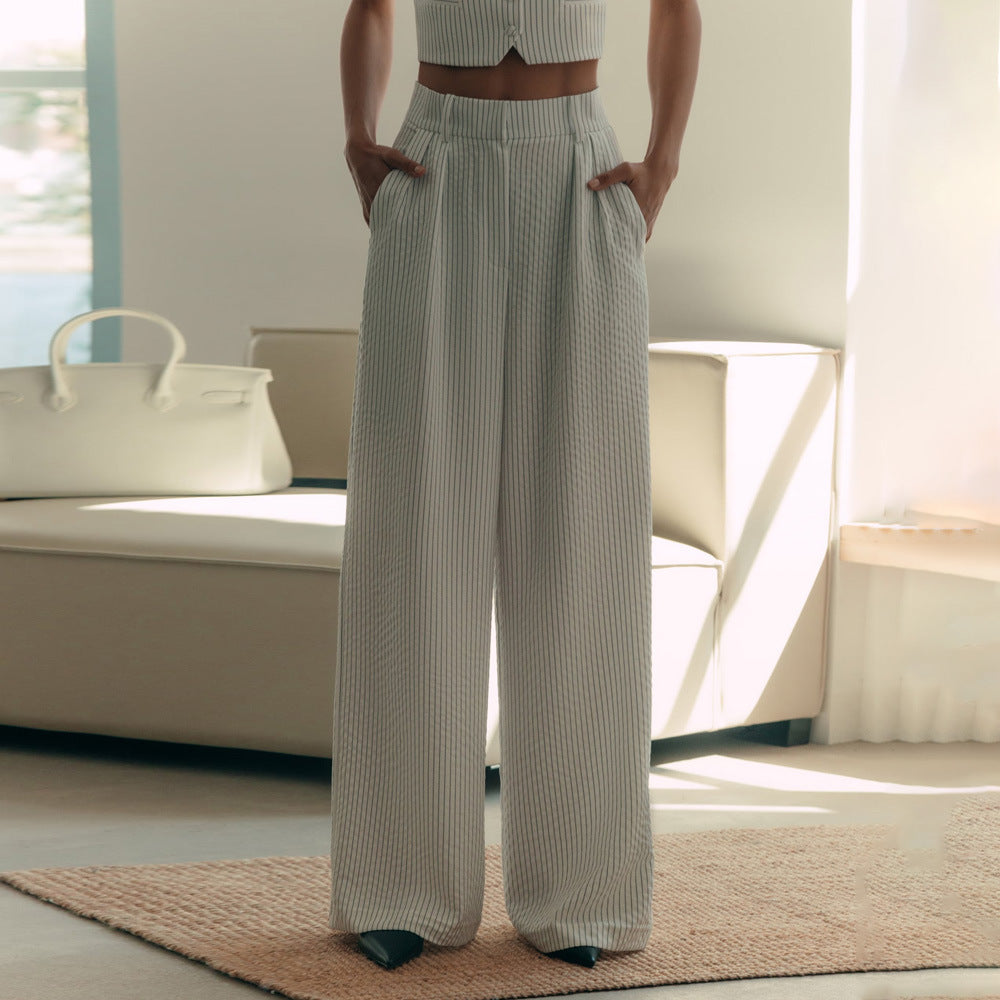 Spring Summer Women���s Striped Sleeveless Vest V-Neck Single-Breasted + Straight Leg Suit Pants Set Suit