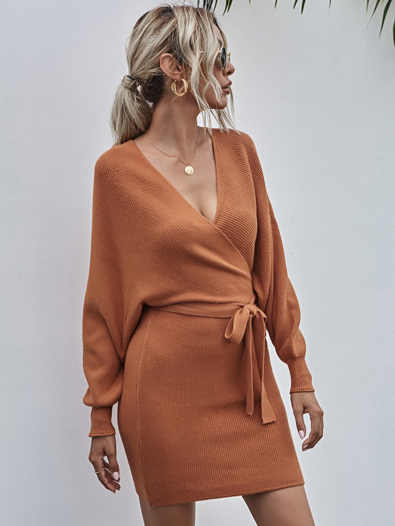 Surplice Wrap Batwing Sleeve Ribbed Dress