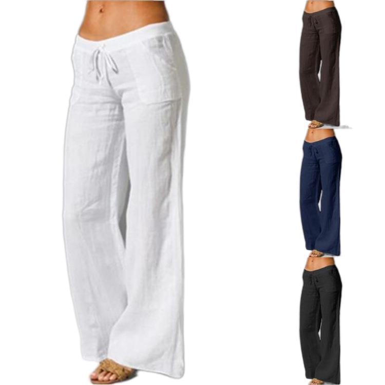 Summer Linen Wide Leg Yoga Pants Elastic Waist Drawstring Pants