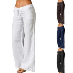Summer Linen Wide Leg Yoga Pants Elastic Waist Drawstring Pants