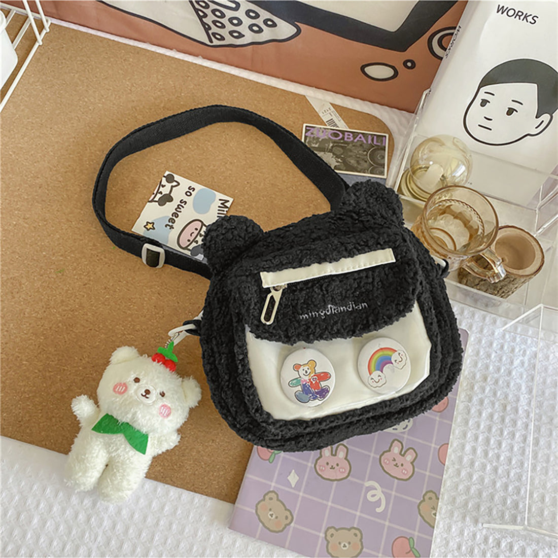 Bear Pattern Furry Crossbody Bag
