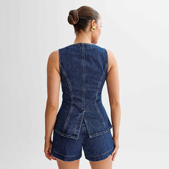 Summer Foreign Trade WomenAliExpress Back Vest Shorts Denim Slim Fit Two-Piece Set Suit