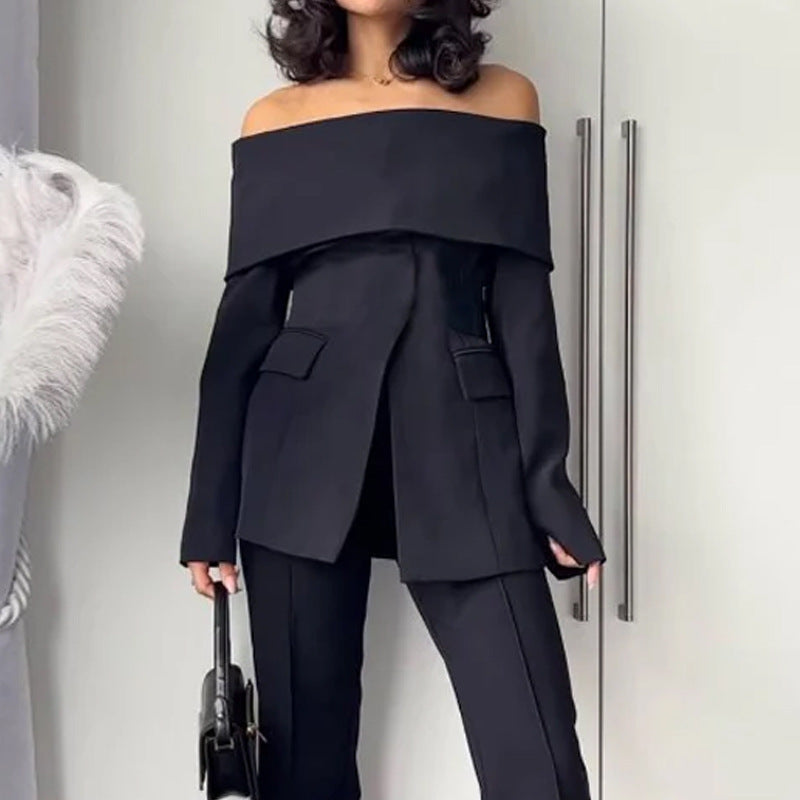 Foreign Trade Women���s Suit Set Autumn Fashion Off-The-Shoulder Long Pants Two-Piece Suit