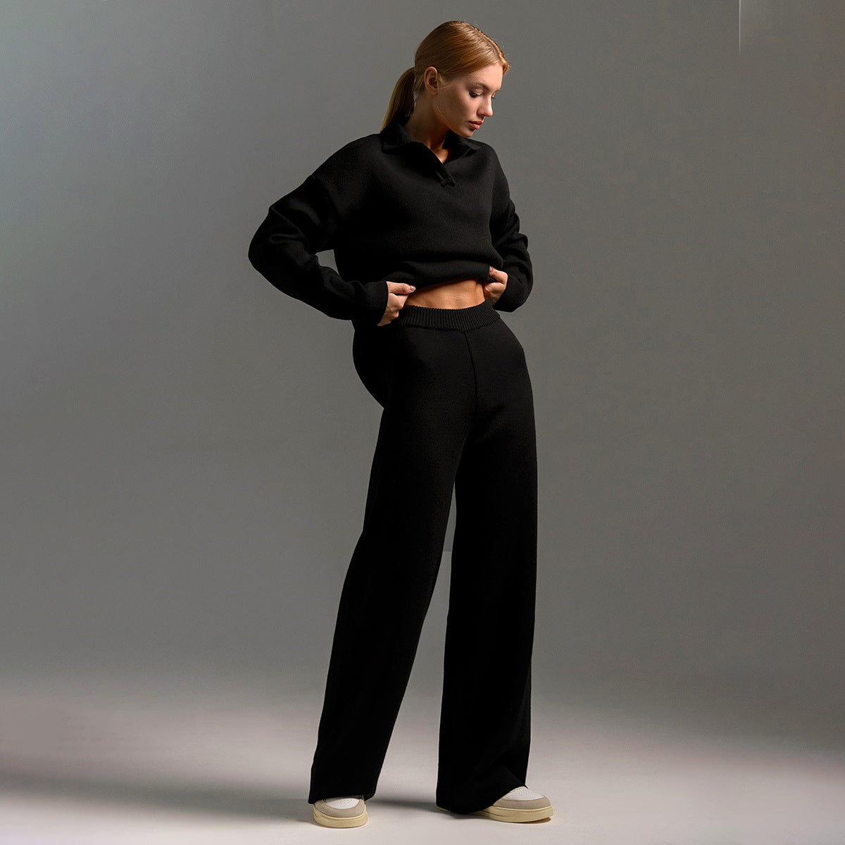 Knitted Set Autumn Winter Sweater Set Polo Neck Knitted Pullover + Wide Leg Long Pants Two-Piece Suit