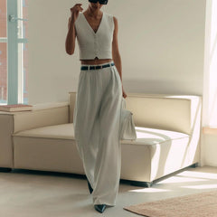 Spring Summer Women���s Striped Sleeveless Vest V-Neck Single-Breasted + Straight Leg Suit Pants Set Suit