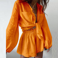 Summer New Women���s Casual Fashion Solid Color Ruffled Shorts Shirt Set Suit