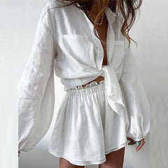 Summer New Women���s Casual Fashion Solid Color Ruffled Shorts Shirt Set Suit