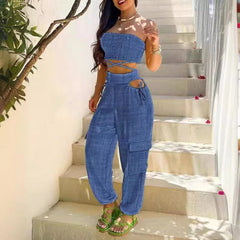 WomenWrap Top Tie Workwear Long Pants Pocket Denim Blue Crop Waist Set Suit