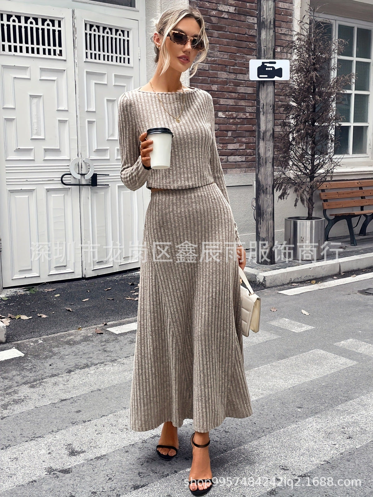 In-Stock New Manufacturer Direct Sale Autumn Winter Tight Fitting Ribbed Long Sleeve Casual Knit Set Suit