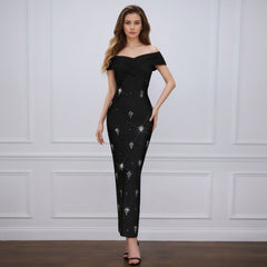 Pleated Mesh Rhinestone Stitching One-Shoulder Dress