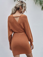Surplice Wrap Batwing Sleeve Ribbed Dress