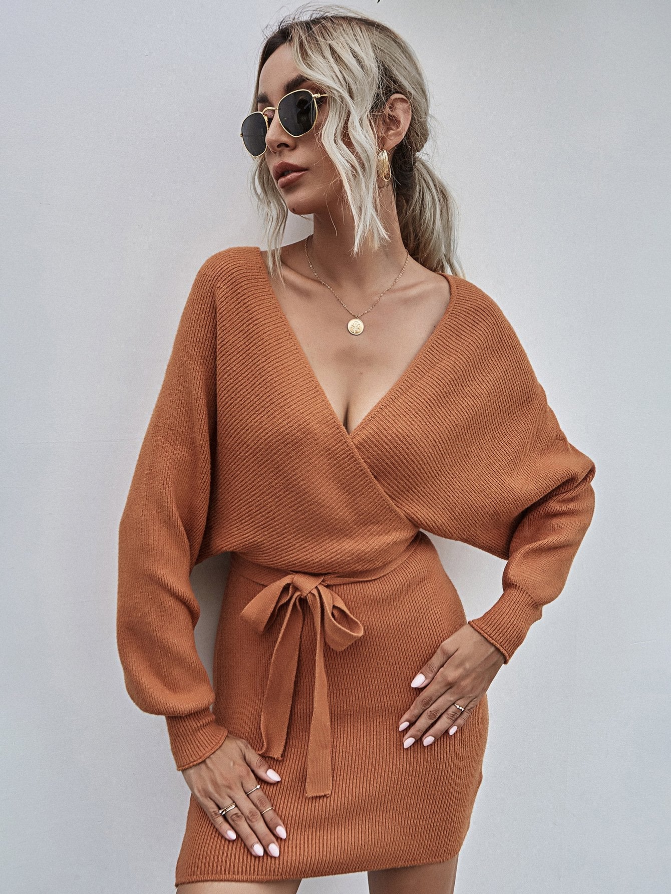 Surplice Wrap Batwing Sleeve Ribbed Dress